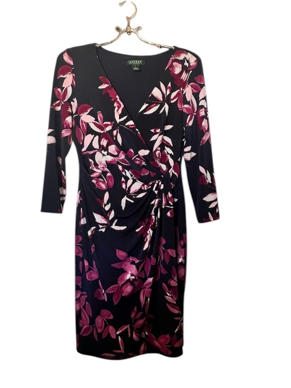 Ralph Lauren V-Neckline Three-Quarter Sleeve Floral Faux-Wrap Dress Size 6